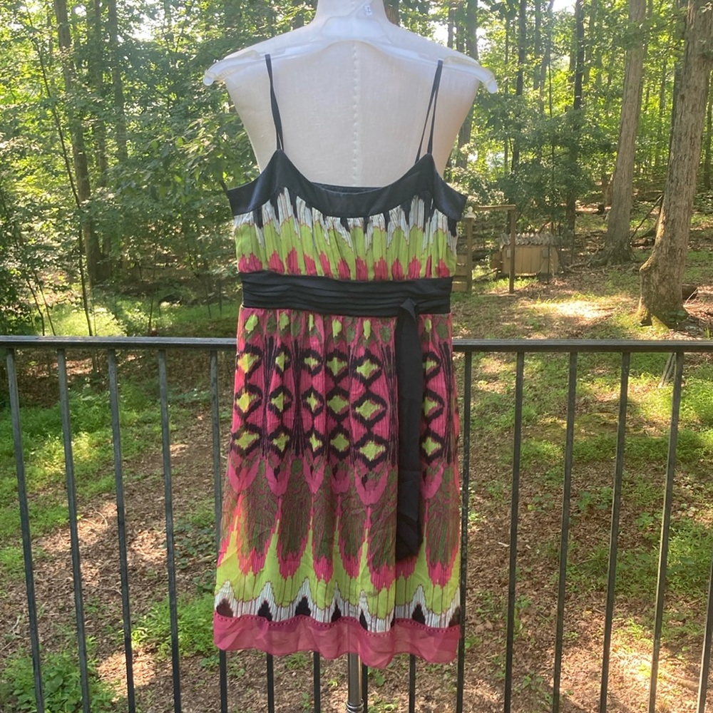 Sangria Petite vibrant pink/green/black sundress with belt bow sz. 4p